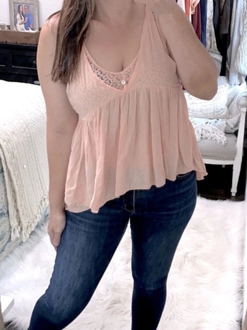 Free People | Peach Lace Boho Blouse | Size Extra Small